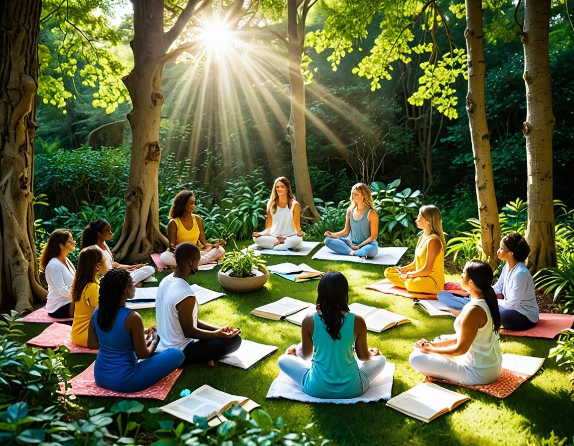 A powerful scene depicting a diverse group of individuals engaged in transformational activities, such as meditation, group discussions, and journaling, in a vibrant, awakening nature setting. Surrounding them are symbols of empowerment like books, light bulbs, and growth charts, radiating a sense of positive energy. The color palette is bright and uplifting, suggesting energy and change. super-realistic. vibrant colors. nature background.