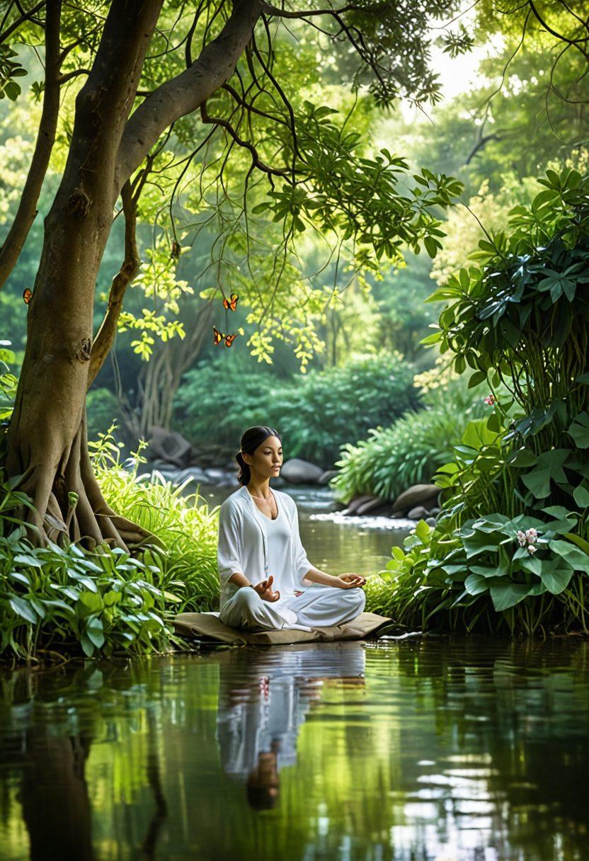 A serene and calming space featuring a tranquil person meditating in a lush green environment, surrounded by natural elements like flowing water, gentle winds, and soft sunlight filtering through trees. Incorporate symbols of wellness and transformation like butterflies, lotus flowers, and harmonizing colors. The atmosphere should evoke peace and healing. super-realistic. vibrant colors. soft focus.