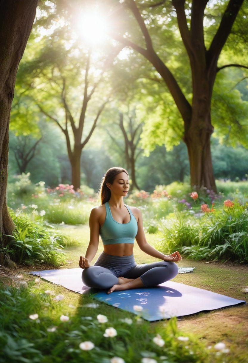 A serene gathering of diverse individuals practicing yoga and meditation in a lush, green park surrounded by vibrant flowers and trees, symbolizing community and holistic wellness. Soft sunlight filtering through the leaves, creating a warm and inviting atmosphere. Include diverse wellness symbols like crystals, journals, and healthy foods scattered around the scene. super-realistic. vibrant colors. peaceful ambiance.